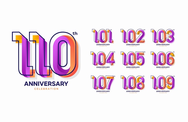 カラフルな記念日のお祝いのロゴタイプ セット。 101、102、103、104、105、106、107、108、109、110