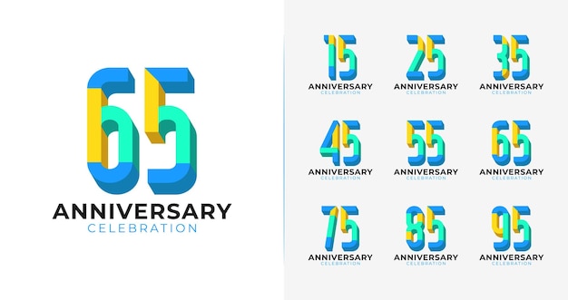 Colorate collezioni di logo di anniversario con divertimento e concetto 3d per l'evento di compleanno