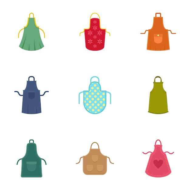 Colorful apron icon set, flat style