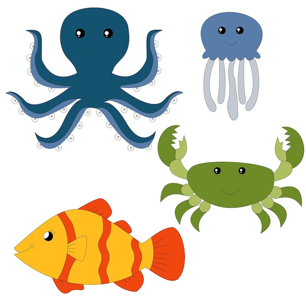 ベクトル 漫画スタイルのカラフルな水生動物クリップアート バンドルには、子供向けと ch 用の 4 匹の水生動物が含まれています