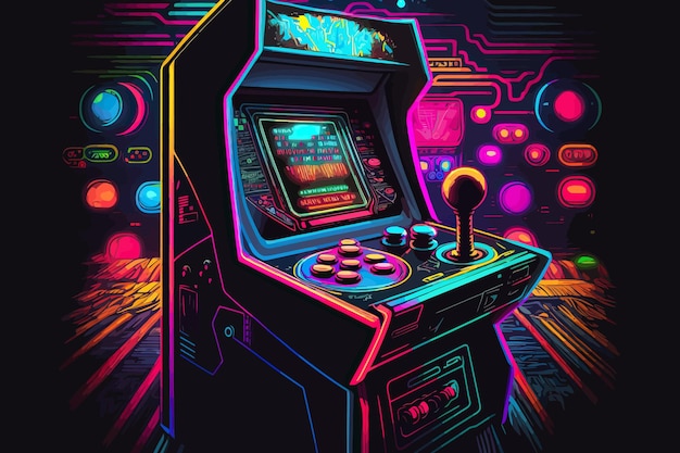 Un colorato gioco arcade con la parola arcade sullo schermo.