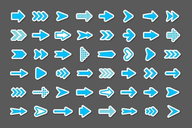 Colorful arrow stickers set Blue cursor icons pointers collection Simple arrows in different shapes Next back web signs Vector illustration