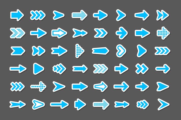 Vector colorful arrow stickers set blue cursor icons pointers collection simple arrows in different shapes next back web signs vector illustration