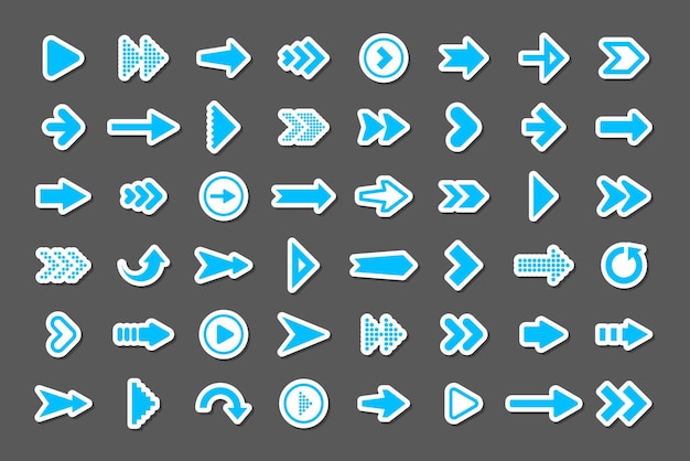 Vector colorful arrow stickers set blue cursor icons pointers collection simple arrows in different shapes next back web signs vector illustration