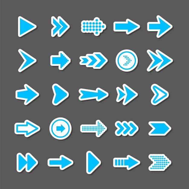 Colorful arrow stickers set Blue cursor icons pointers collection Simple arrows in different shapes Next back web signs Vector illustration