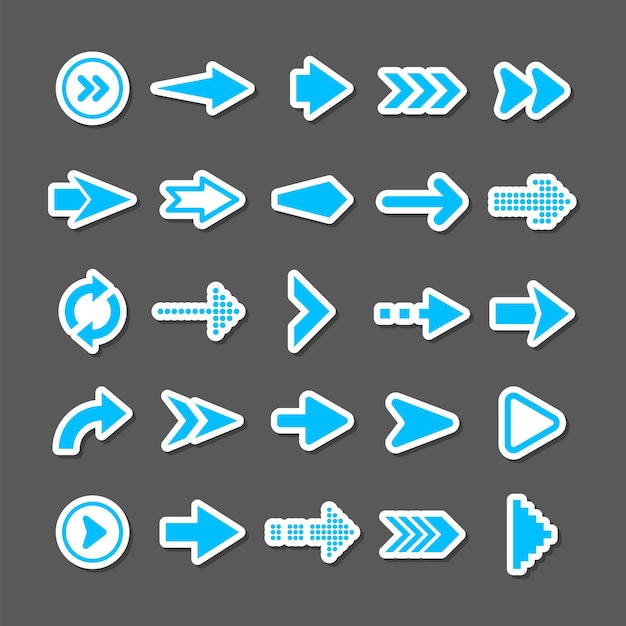 Colorful arrow stickers set Blue cursor icons pointers collection Simple arrows in different shapes Next back web signs Vector illustration