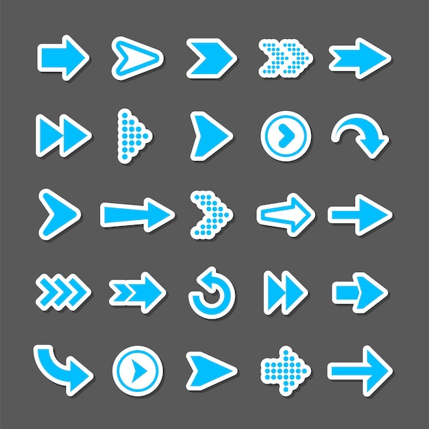 Vector colorful arrow stickers set blue cursor icons pointers collection simple arrows in different shapes next back web signs vector illustration