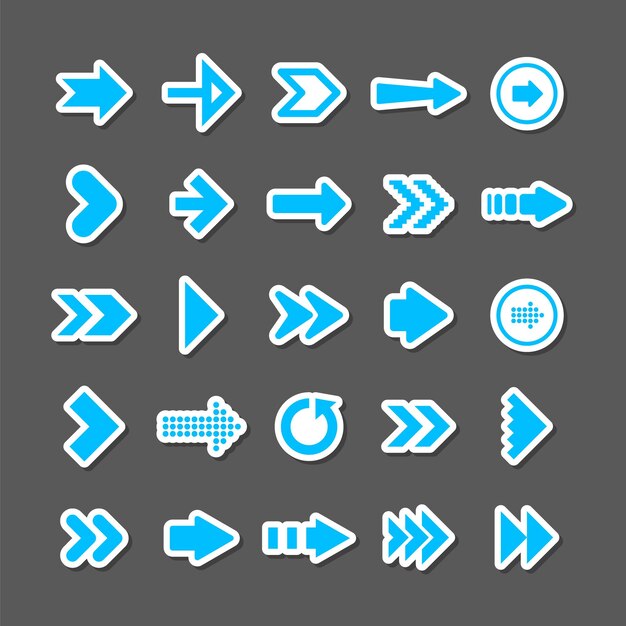 Colorful arrow stickers set Blue cursor icons pointers collection Simple arrows in different shapes Next back web signs Vector illustration