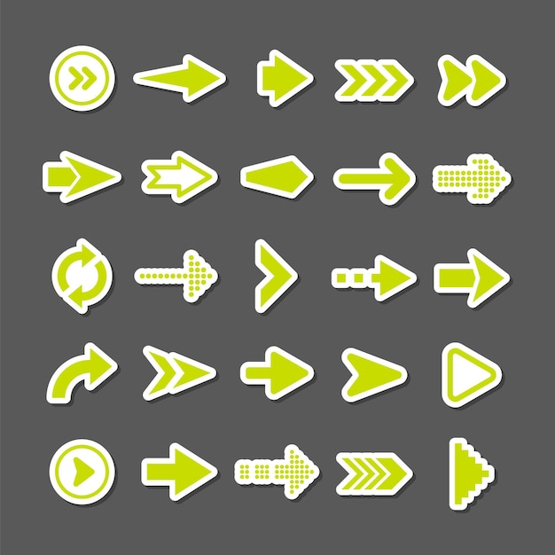 Набор цветных наклейки с стрелками Зелёные значки курсора коллекция указателей Простые стрелки разных форм Следующие задние веб-знаки Векторная иллюстрация