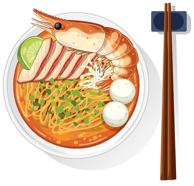 Красочная азиатская миска с лапшами и креветками
