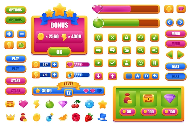 Colorful assets for game menu isolated set Buttons arrows options panels play start level