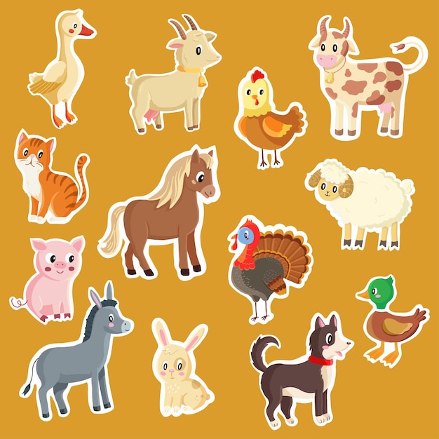 Vettore un assortimento colorato di adesivi di animali dei cartoni animati per bambini su uno sfondo caldo