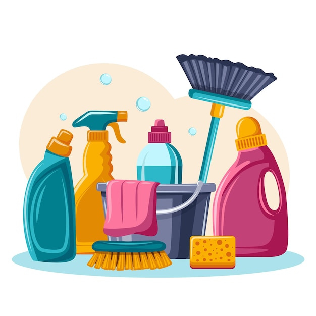 A colorful assortment of cleaning supplies including a bucket brush and cleaning solution bottles