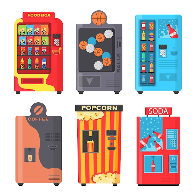 Красочное автоматическое вид спереди с холодным напитком, закуской, попкорном и кофе в плоском дизайне. торговый автомат с закусками быстрого приготовления, напитками, орехами, чипсами, крекером, соком, бутербродом. иллюстрации.