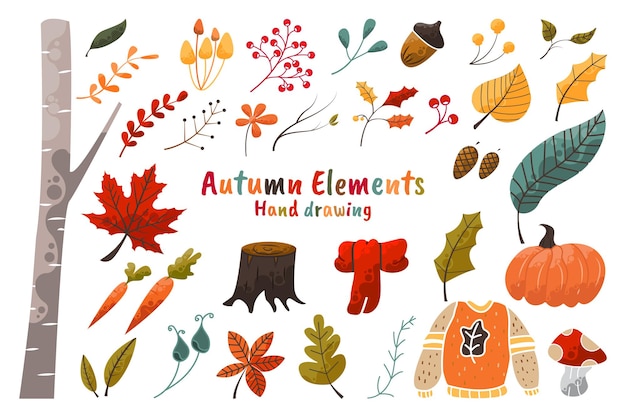 Collezione autunnale colorata con elementi decorativi disegnati a mano