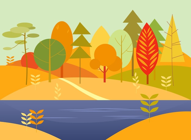 Colorful autumn landscape in flat style for printing and decoration Vector illustration