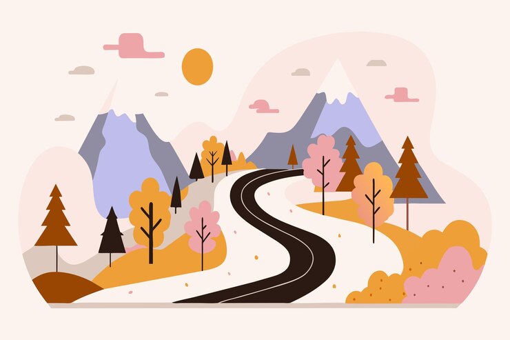 Vector colorful autumn mountains and winding road at dusk