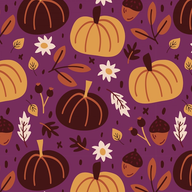 Colorful autumn pattern with pumpkins and leaves