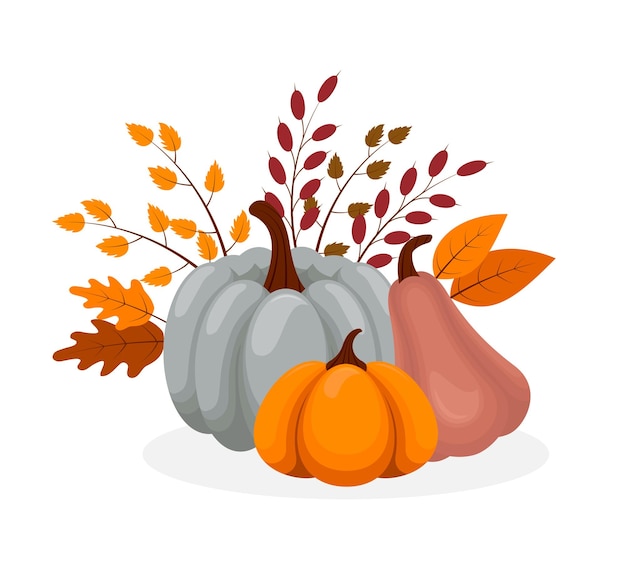 colorful autumn pumpkins and forest leaves seasonal harvest design for greeting card or poster vector illustration isolated on transparent background
