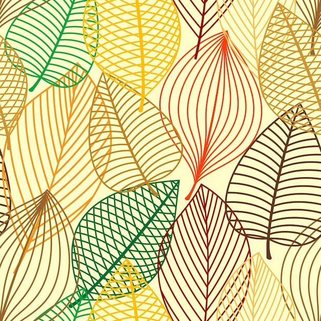 Vector colorful autumnal outline leaves seamless pattern