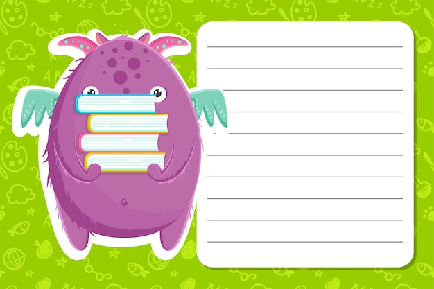 Vector colorful back to school template with a cute little purple monster with a books. vector illustration. template on green background with seamless pattern.