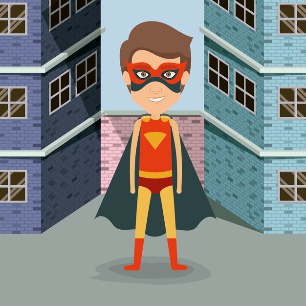 colorful background buildings brick facade with superhero 