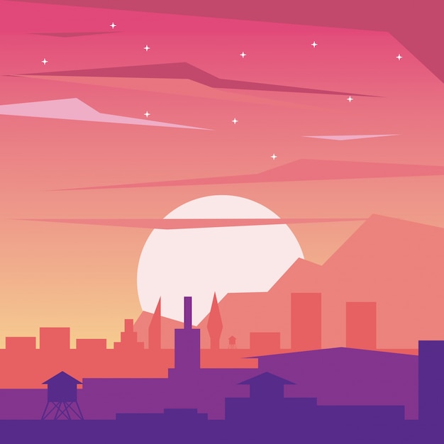 Vector colorful background of dawn landscape of city with sun