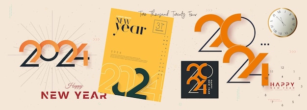 カラフルな背景新年あけましておめでとうございます 2024 挨拶とお祝いのベクトル図 2024 年新年バナー ポスター テンプレートのプレミアム ベクター デザイン