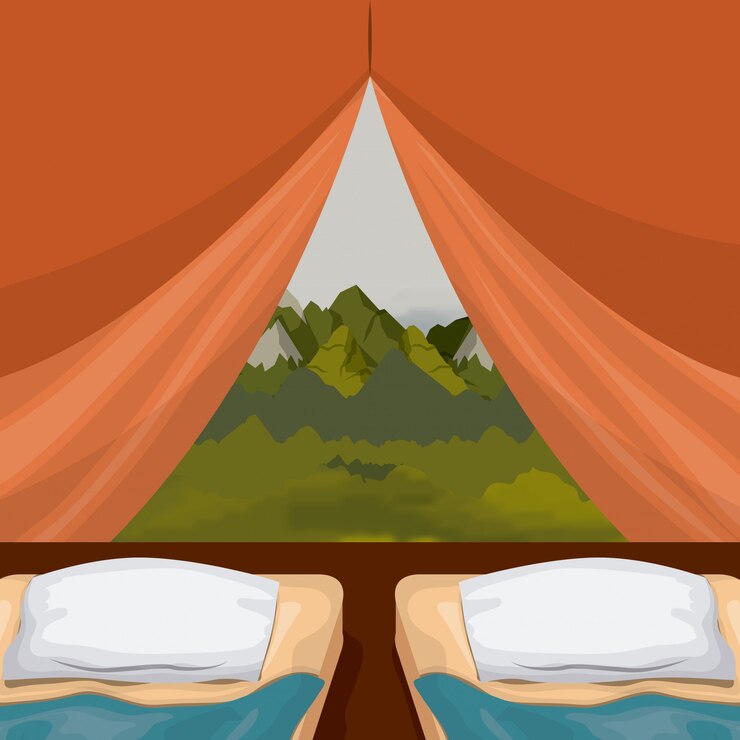 Vector colorful background interior camping tent with double pad and landscape scenary outside