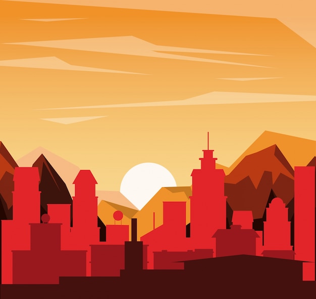 Vector colorful background of landscape of city in the sunset