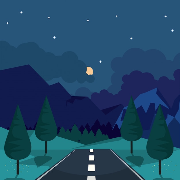Vector colorful background of natural landscape with highway on night