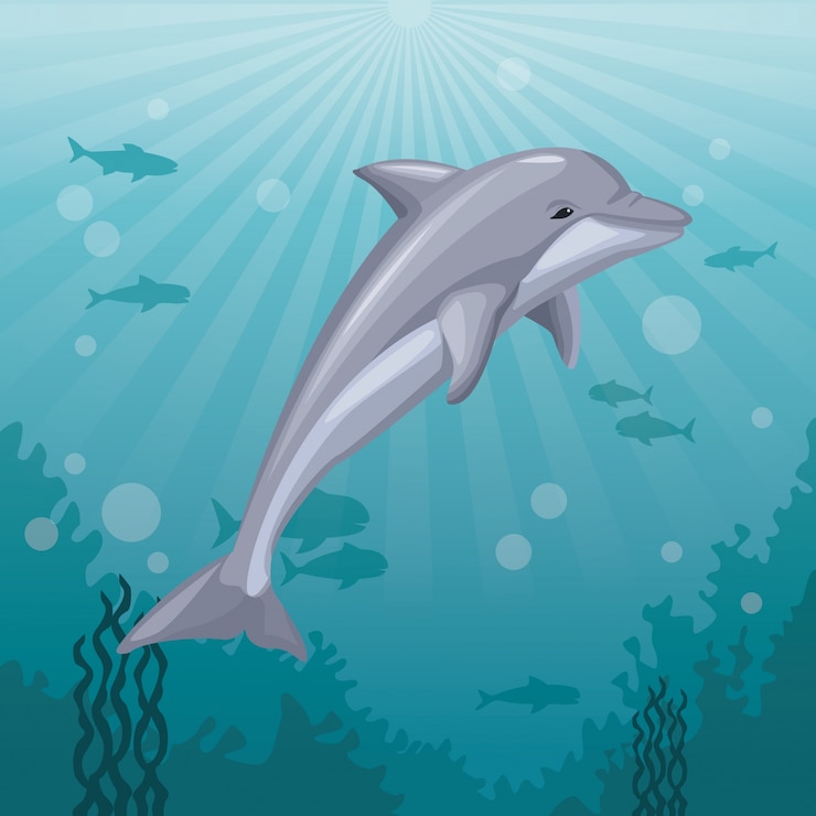 Vector colorful background sea landscape underwater marine life and mammal dolphin 