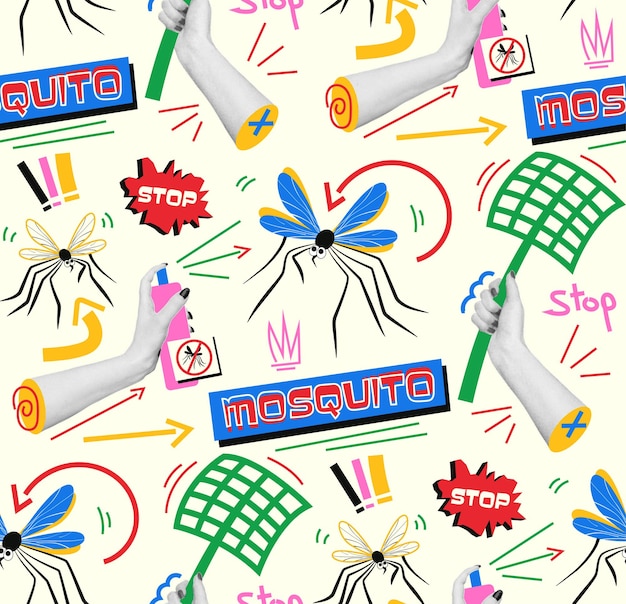 Colorful background on the theme of mosquitoes Vector seamless print with collages in vintage style