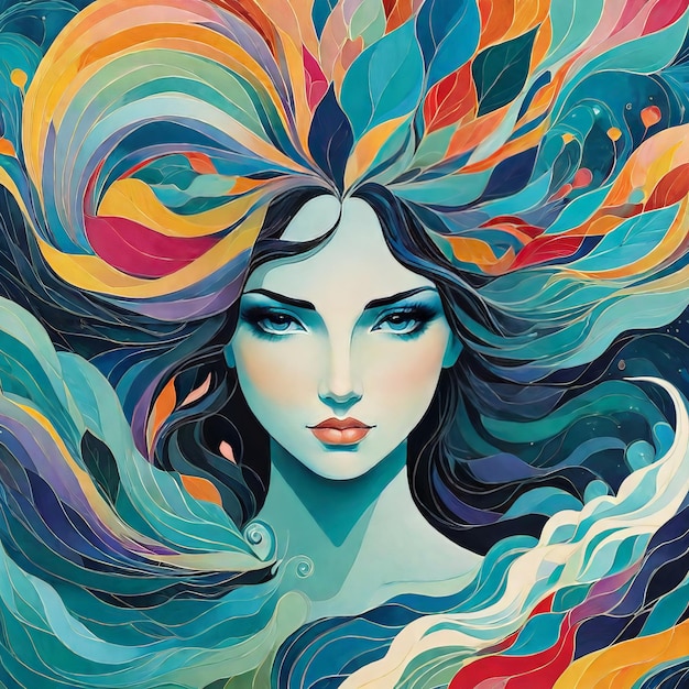 colorful background with beautiful woman face and hair illustration colorful background with be