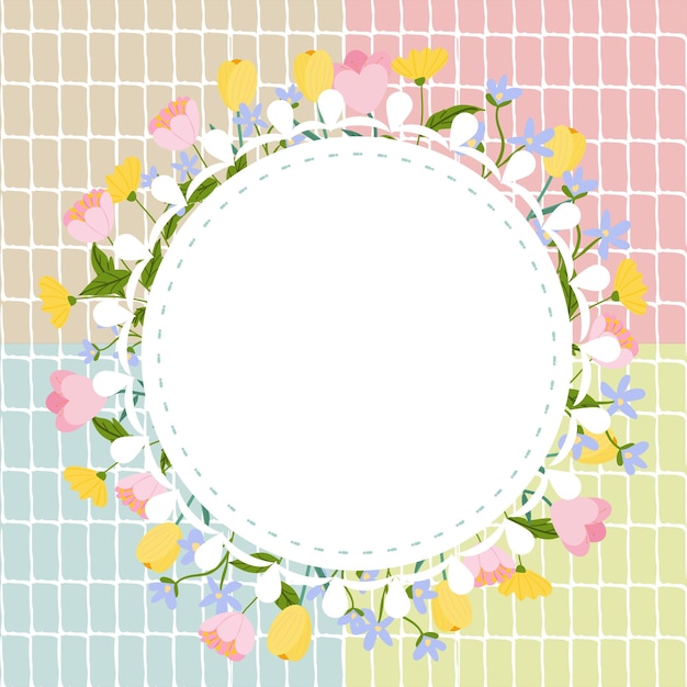 A colorful background with a circle of flowers and a white border.