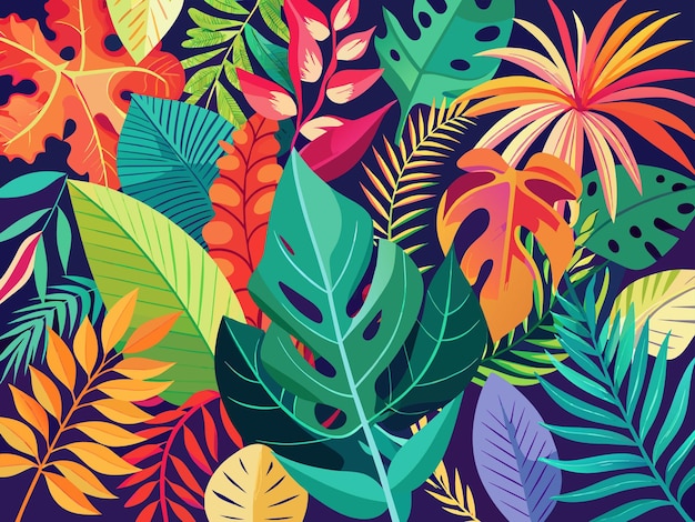 a colorful background with a colorful pattern of leaves and the word tropical