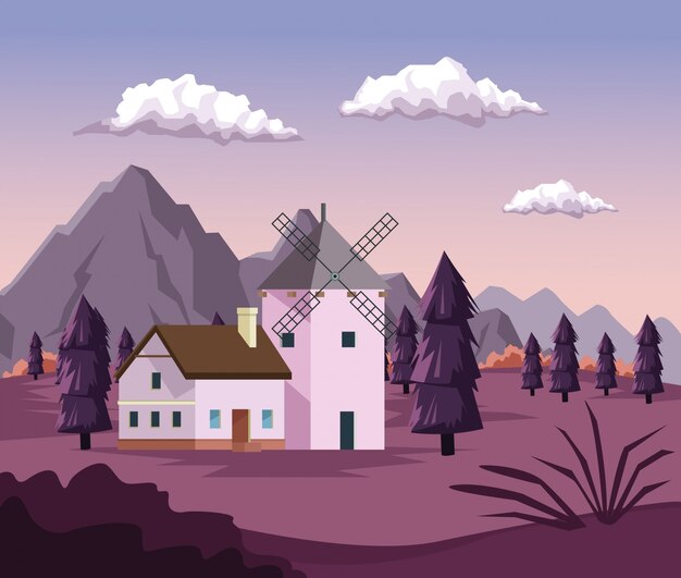 colorful background with dawn landscape of field mountains and house with windmill 