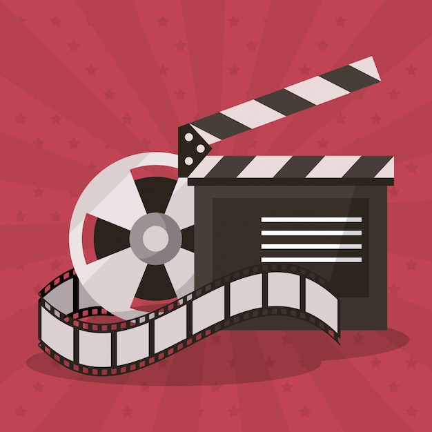 Vector colorful background with film reel and clapperboard