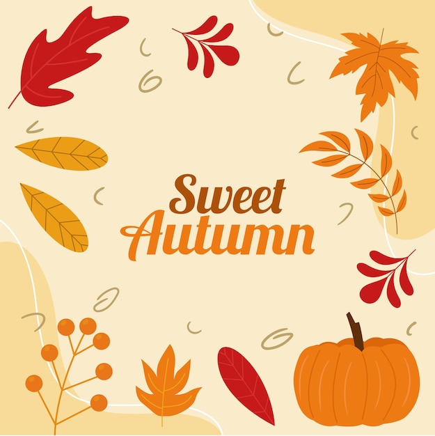 A colorful background with a frame of autumn leaves and a pumpkin.