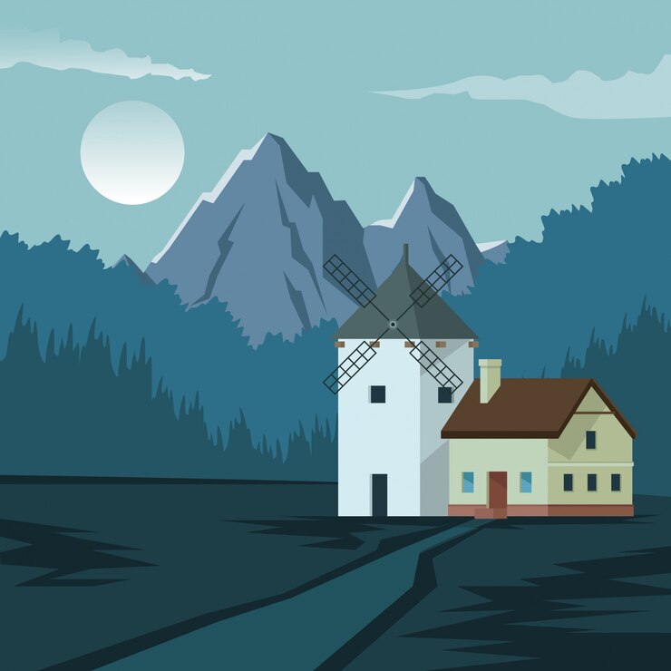 Vector colorful background with night landscape of mountain and house with windmill 