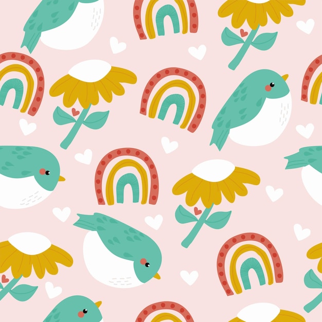 A colorful background with a rainbow and birds