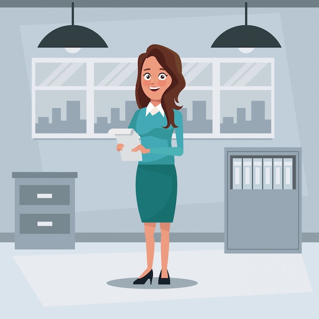 Colorful background workplace office with executive woman with brown long hair standing with documents