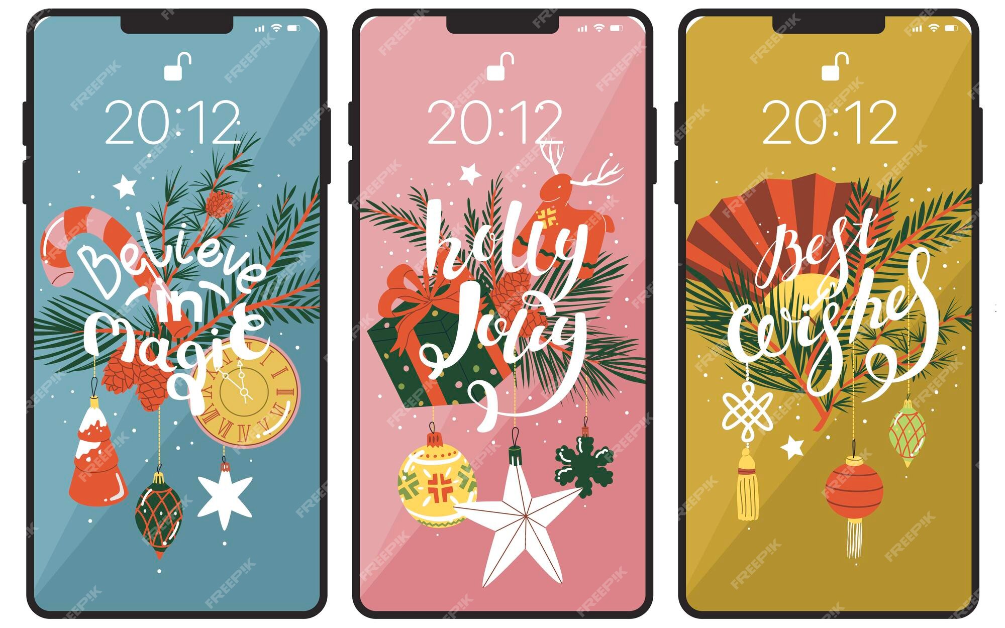 Premium Vector | Colorful backgrounds for your phone winter screensavers  for the christmas holidays quotes believe in magic holly jolly best wishes  and decor from christmas tree branches toys and cones vector