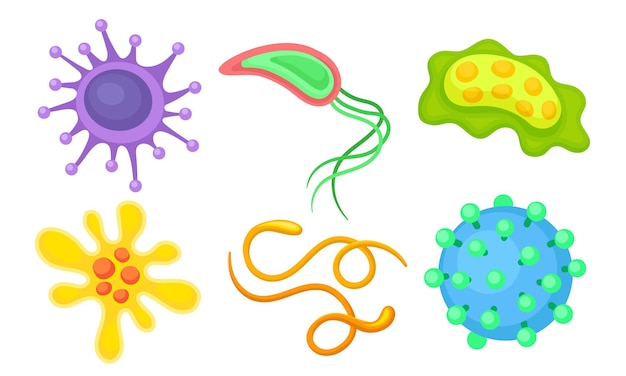 Красочные бактерии и микробы Коллекция различных видов микробов Вирусы Протозои Грибки Вектор Иллюстрация на белом фоне