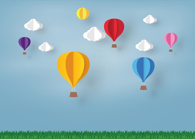 Colorful Ballon and Cloud in the blue sky with paper art design vector design illustration