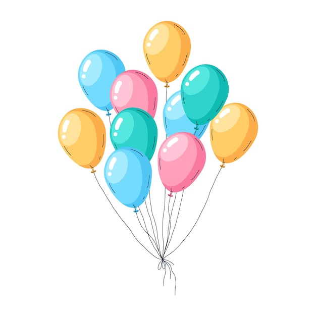 Vector colorful balloon bunch birthday balloons decoration multicolored helium glossy balloons flat vector illustration flying air balloons on white