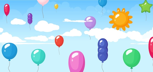 Palloncino colorato, festa di laurea compleanno sfondo vettoriale. volo dell'aerostato di elio, sfondo di celebrazione del festival, illustrazione della festa di compleanno