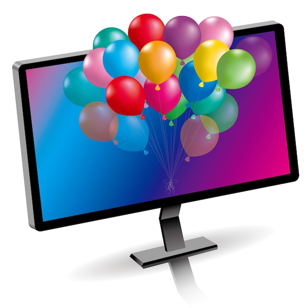 Colorful balloons and computer, isolated on blue background.