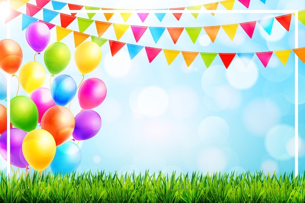 Colorful balloons and party flags on blue background with green grass and bokeh vector illustration