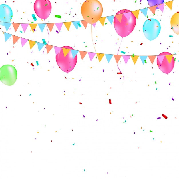 Vector colorful balloons with triangular party flags, confetti and paper streamers.